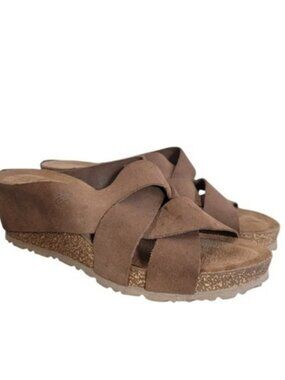 Yokono Candela Sz 8 Suede Genuine Leather Cork Platform Wedge Slip On Sandals